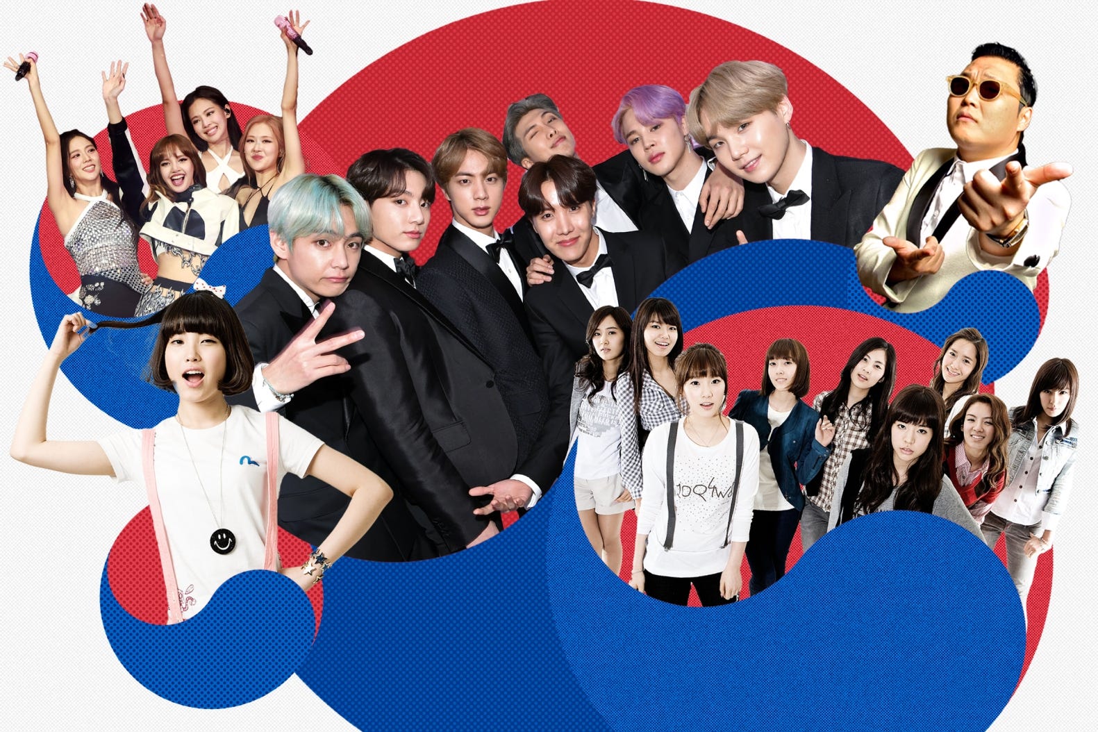 Korean artists overlaid with images of the Korean flag