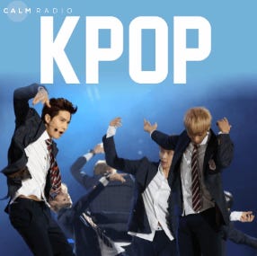 Screenshot of Apple Music's Calm Radio K-pop playlist, featuring EXO looking like they're mid dabs. 