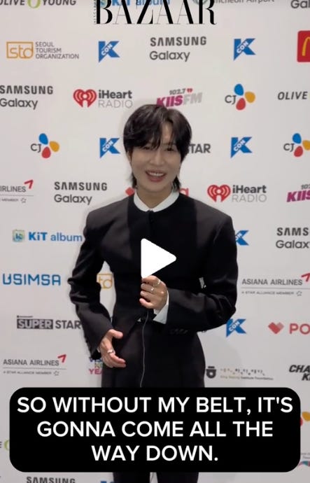 Screenshot of Tiktok with Taemin saying "So without my belt, it's gonna come all the way down"