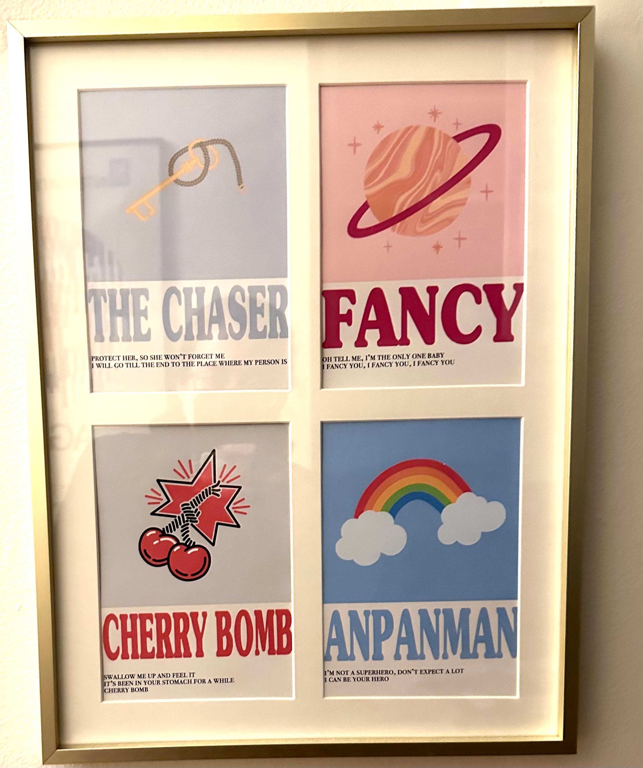 Picture of four graphics featuring The Chaser by Infinite, Fancy by TWICE, Cherry Bomb by NCT 127, and Anpanman by BTS