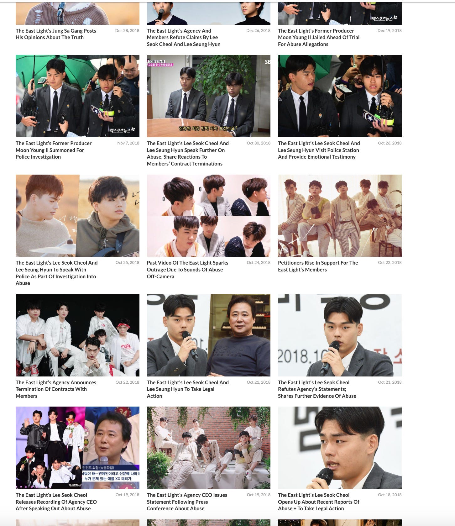 Screenshot of Soompi's The East Light tag, highlighting how many stories revolved around The East Light's situation. 