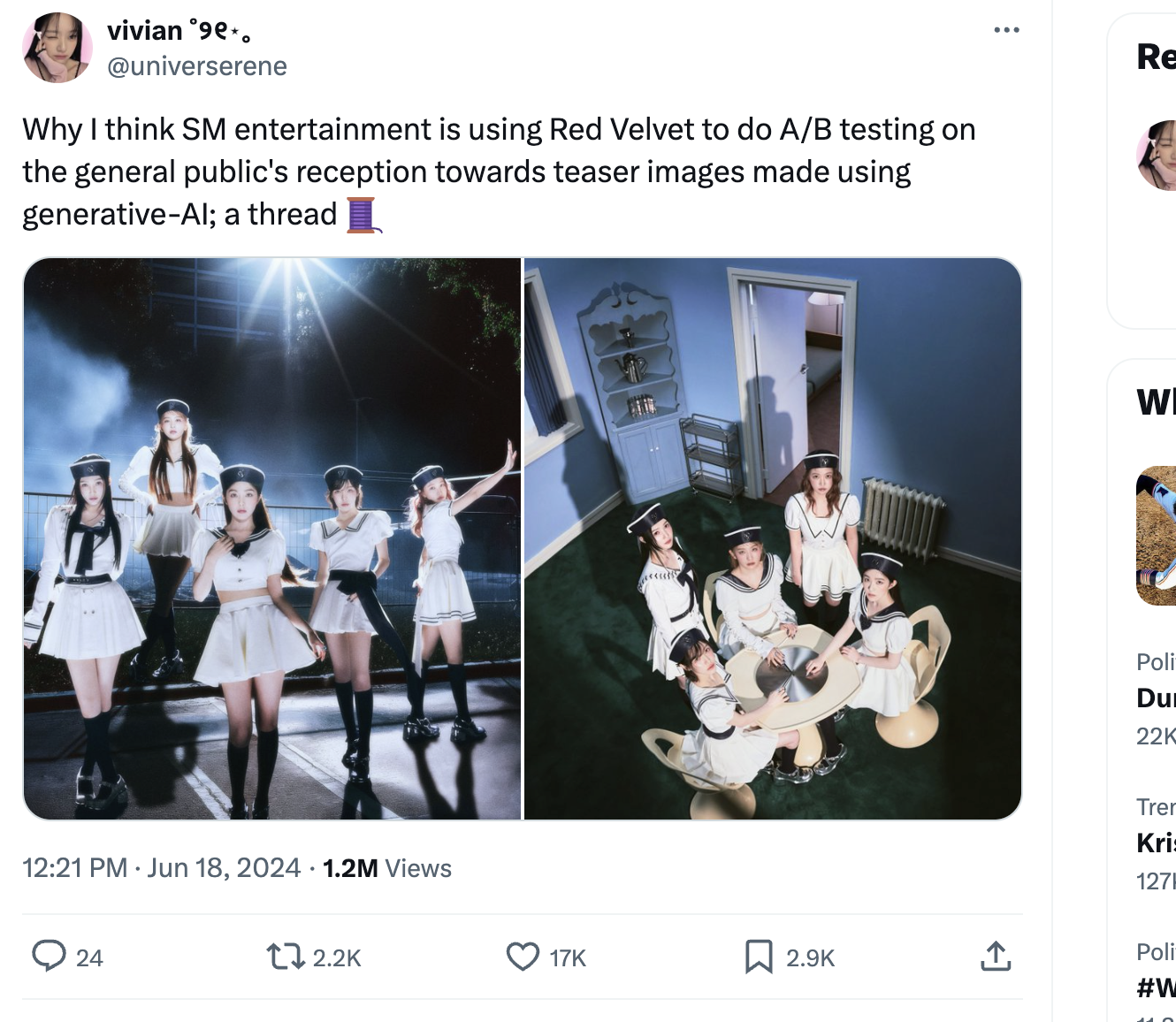 vivian ˚୨୧⋆｡ @universerene Why I think SM entertainment is using Red Velvet to do A/B testing on the general public's reception towards teaser images made using generative-AI; a thread 🧵