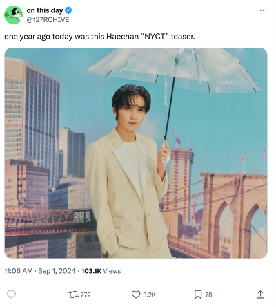 a post from @127rchive showing Haechan alone holding an umbrella in front of the brooklyn bridge. "one year ago today was this Haechan "NYCT" teaser.