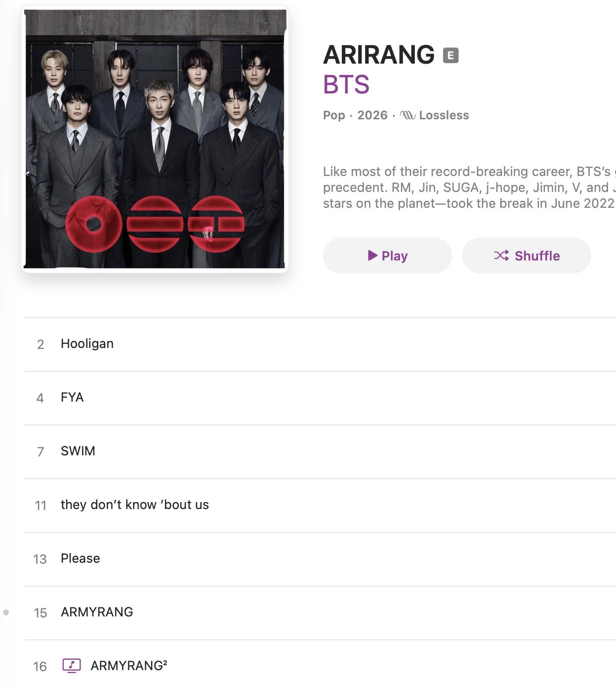 BTS ARIRANG album on Apple music, showing only the tracklist featuring: 2 Hooligan, 4 FYA, 7 SWIM. 11 they don't know 'bout us 13 PLEASE 15 ARMYRANG 16 ARMYRANG2 video