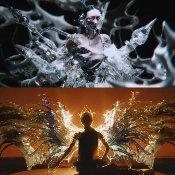 Artistic renders used in aespa's "Armageddon" music video with highly stylized wings and crystal effects