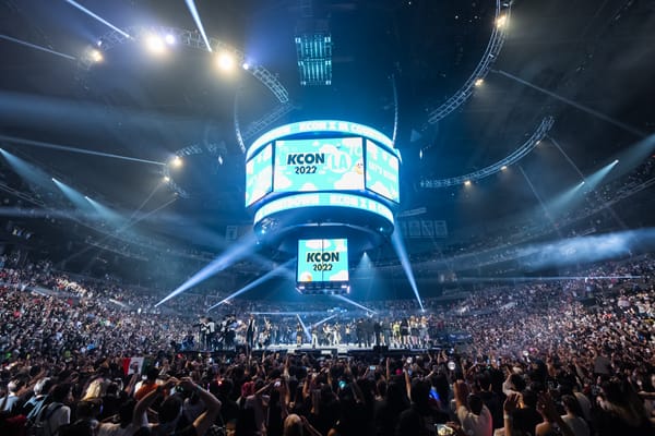 Crypto.com Arena showing KCON 2022 LA's audience and artists on stage